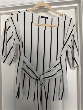 West Kei White Black Vertical Stripe Tie-Front Blouse